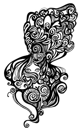 Prachtige vrouw, haar hoofd is rijkelijk versierd met krullen, veren en abstracte versiersels.のイラスト素材