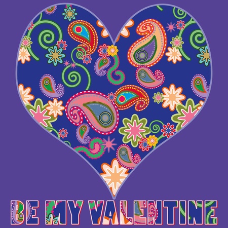 Fel gekleurd, versierd hart op paarse achtergrond, met tekst : BE MY VALENTINEのイラスト素材