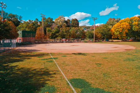 Aerial Drone Photography Of A Baseball Field In Downtown Bedford, NH (New Hampshire) During The Fall Foliage Seasonの写真素材