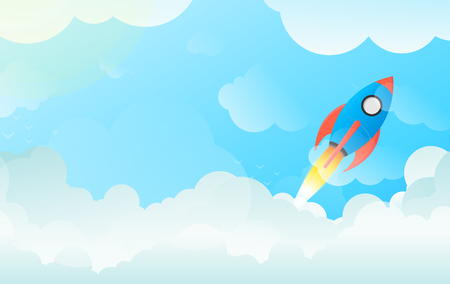Flying Space Rocket Launching in Sky Over Clouds - Illustration of Technological Progress and Project Startup in Flat Vector and Balanced Red, Green and Blueのイラスト素材
