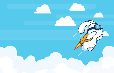 Progress, Achievement and Startup Development Project Concept with Flying Jetpack Rocket Rabbit Launching in Sky over Clouds in Flat Vector and Bright Contrasting White and Blueのイラスト素材