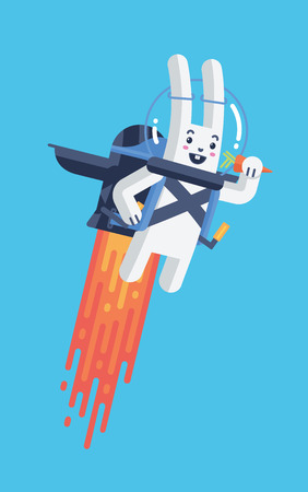 Flying Rocket Jetpack Rabbit Launching in Sky Isolated in Material Design Vector and Bright Contrasting White and Blue.のイラスト素材