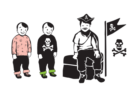 Smiling Pirate Sitting on Treasure Chest with Party Twins Brothersのイラスト素材