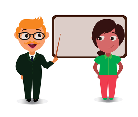 Young Couple Teaching Lesson with Black Board, Happy Cartoon Characters in Flat Vector.のイラスト素材