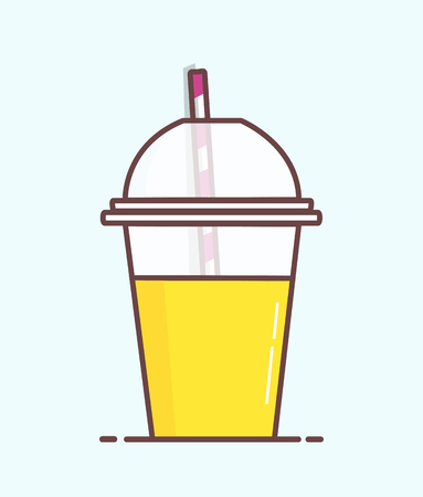 Animated Cartoon Plastic Orange Juice Cup with Straw in Minimalist Flat Vector Isolated.のイラスト素材