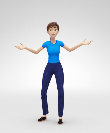 Surprised Jenny Say So What - 3D Cartoon Female Character Model - Appears Indifferent, Lost and Discouraged, in Casual Clothes, Isolated on White Spotlight Backgroundの写真素材