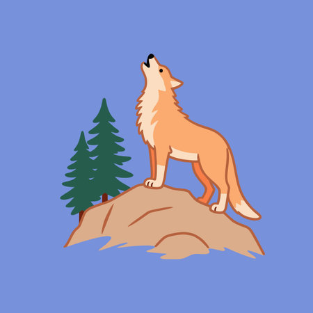 Cute fox standing on a rock in the forest. Vector illustration