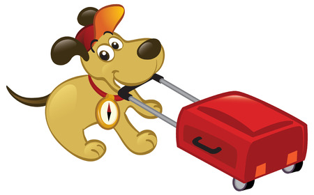 Cute cartoon dog pulling a luggage, ready to travel.