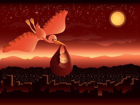 Illustration of a cartoon stork delivering a baby over a beautiful cityscape at night.のイラスト素材