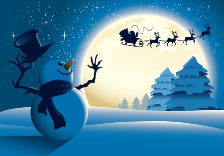 Illustration of a snowman waving to santa in a distance, blue version. Great for any Christmas needs.のイラスト素材