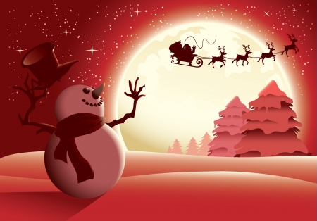 Illustration of a snowman waving to santa in a distance, red version. Great for any Christmas needs.のイラスト素材