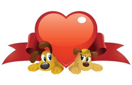 Cute cartoon dogs couple under a big shiny heart.のイラスト素材