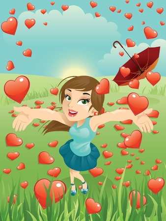 Illustration of a beautiful girl in a hearts rain. Great for any Valentine needs.のイラスト素材