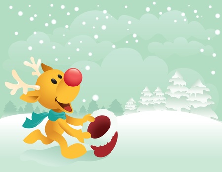 Illustration of Little Rudolph running out to catch the first snow.のイラスト素材