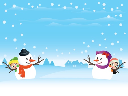 Snowman couple with kids. Great spacing for text. Perfect for any Valentine or Christmas needs.のイラスト素材