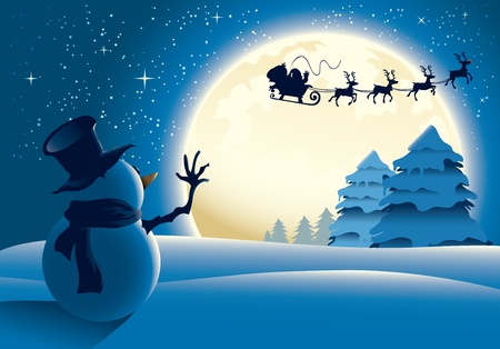 Illustration of a lonely snowman waving to santa in a distance. Great for any Christmas needs.のイラスト素材
