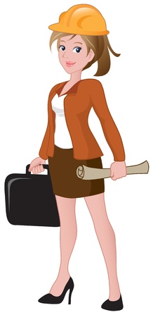 Beautiful female architect holding a briefcase and blueprint.のイラスト素材