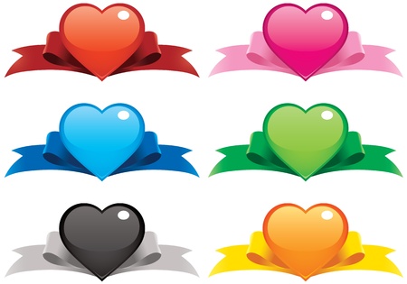 Collection of vector illustrations of hearts on ribbons. File is layered for easier editing, you can even mix-and-match the hearts and ribbons! Perfect for your valentine web buttons, ornaments, banners and cards!のイラスト素材