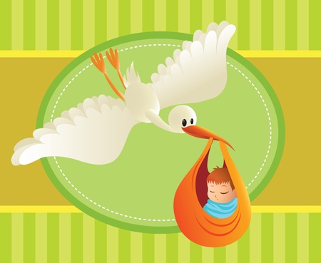 Illustration of a stork delivering a baby on colorful background. Great spacing for text. Perfect for cards and banners.のイラスト素材