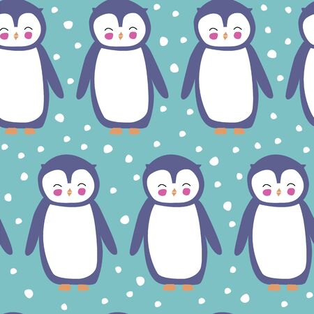 Cute penguins in the snow repeat vector pattern. Perfect for wrapping paper, stationary and kids.のイラスト素材