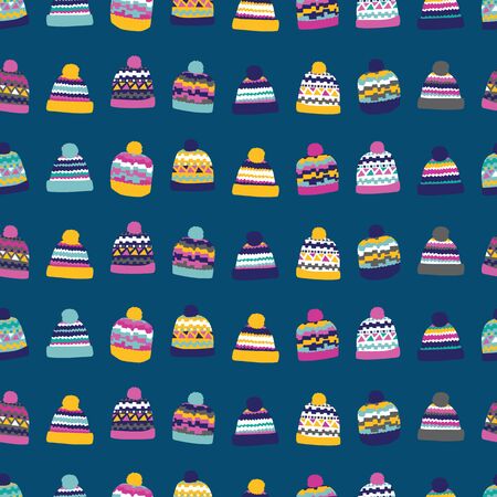 Colourful bobble winter hats on blue background. Great for home decor, wrapping, scrapbooking, wallpaper, gift, kids.のイラスト素材