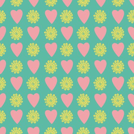 Uplifting yellow and orange summer floral and hearts vector repeat pattern. Pattern for fabric,...