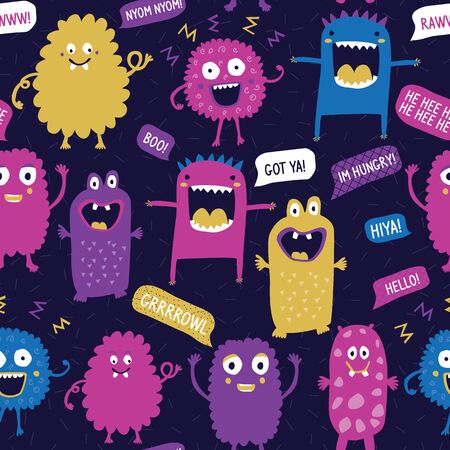 Monsters with speech bubbles. Vector repeat. Great for apparel, wrapping, scrapbooking, wallpaper, gift, kids.のイラスト素材