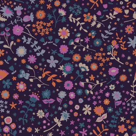 Leaves and ditsy flowers vector repeat pattern. Pattern for fabric, backgrounds, wrapping, textile, wallpaper, apparel. Vector illustrationのイラスト素材
