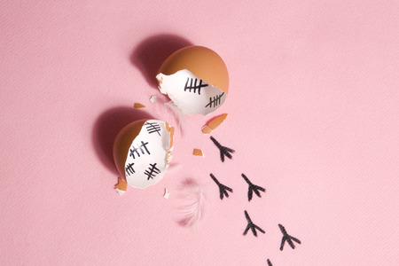 The counting of the days on a broken egg with footprint on a pink and blue backgroundの写真素材