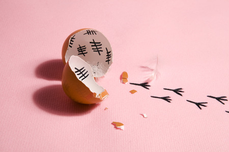 The counting of the days on a broken egg with footprint on a pink and blue backgroundの写真素材