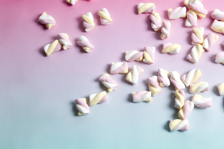 Rainbow marshmallow multi coloured candy sweets on a gradient background pink and blue.
Minimal color still life photographyの写真素材