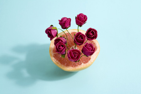 Minimalist and poetic composition of red roses growing in a grapefruitMinimal color still life photographyの写真素材