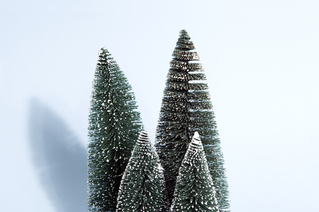 Isolated group of full artificial firs like a small forest tree on a vibrant red background. Minimal still life photographyの写真素材