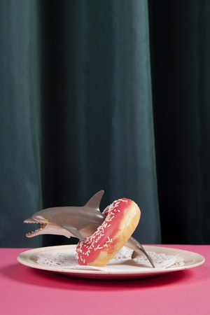 a dolphin plastic toy inside a donut symbolizing a buoy on a vibrant green curtain and pink background. Minimal funny and quirky design still life photographyの写真素材
