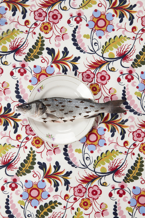 A bass fish with rosebush, thorns in a flower plate hidden on a flowery fabric. Camouflage game and diversion. Minimal color still life photography.の写真素材