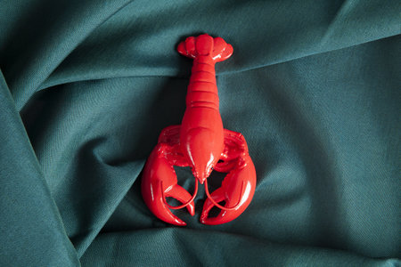 a lobster on a green wavy fabric background. Minimal color still life photography.の写真素材