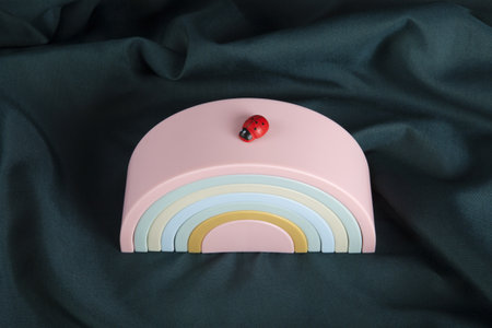 a ladybug resting on a plastic rainbow toy on a green curtain. Minimal color still life photography.の写真素材