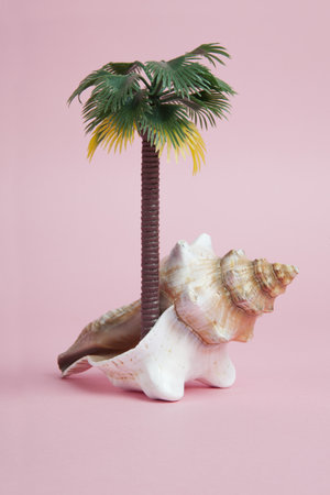A conch shell used as a metaphor for a tropical island. Offbeat and poetic symbolism composition on...