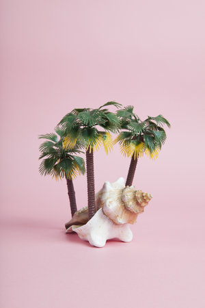 A conch shell used as a metaphor for a tropical island. Offbeat and poetic symbolism composition on a pastel pink background. Minimal colors still life photography.の写真素材