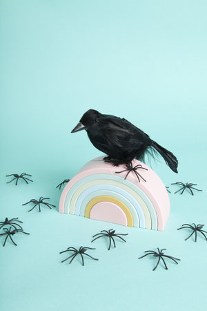 a beautiful raven taking pride of place on plastic rainbow surrounded by an invasion of spiders on a...