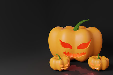 Evil Pumpkin Face, smile orange horror glowing, 3d illustration carving lantern, holiday background decoration.の写真素材