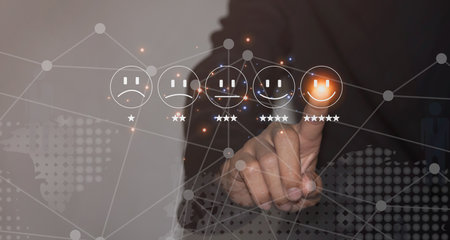 Customer Service and Satisfaction Concept, He rates it by touching virtual screen on face icon to...