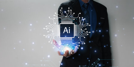 A business person uses his hand hold virtual AI System.