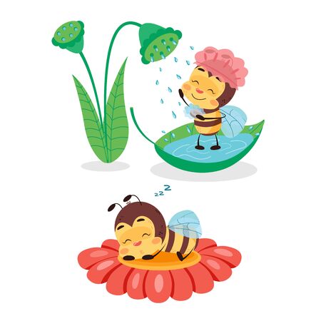 Bee is taking shower and sleeping on flower. Character design illustration for kids on white isolated background. The cute and funny bee lifeのイラスト素材