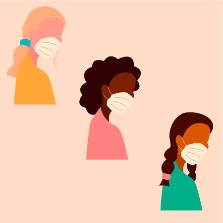Vector flat girls wearing masksのイラスト素材
