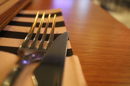 close-up cutlery restaurant tableの写真素材