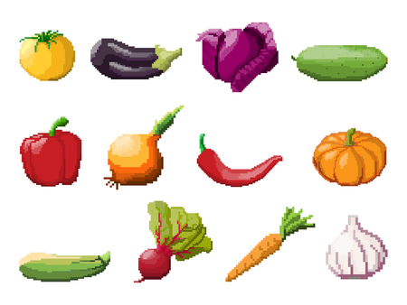 Pixel art vegetables on white background. 8 bit icon setのイラスト素材