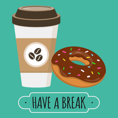 Coffee and donut illustration. Have a break sign. Vector design. Doughnut with chocolate glaze. Paper coffe cup.のイラスト素材
