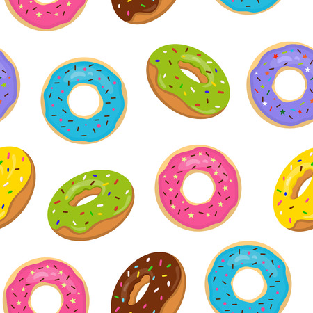 Vector seamless pattern with colorful glazed donuts. Sweet bakery with sprinkles on white background.のイラスト素材