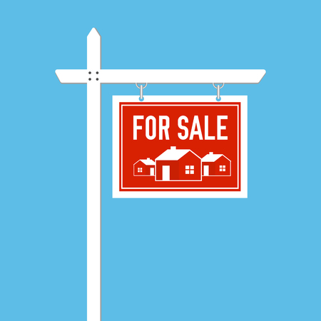 For Sale sign. Estate wooden placard. Home for sale. Buy or rent house. Vector illustration on blue background.のイラスト素材